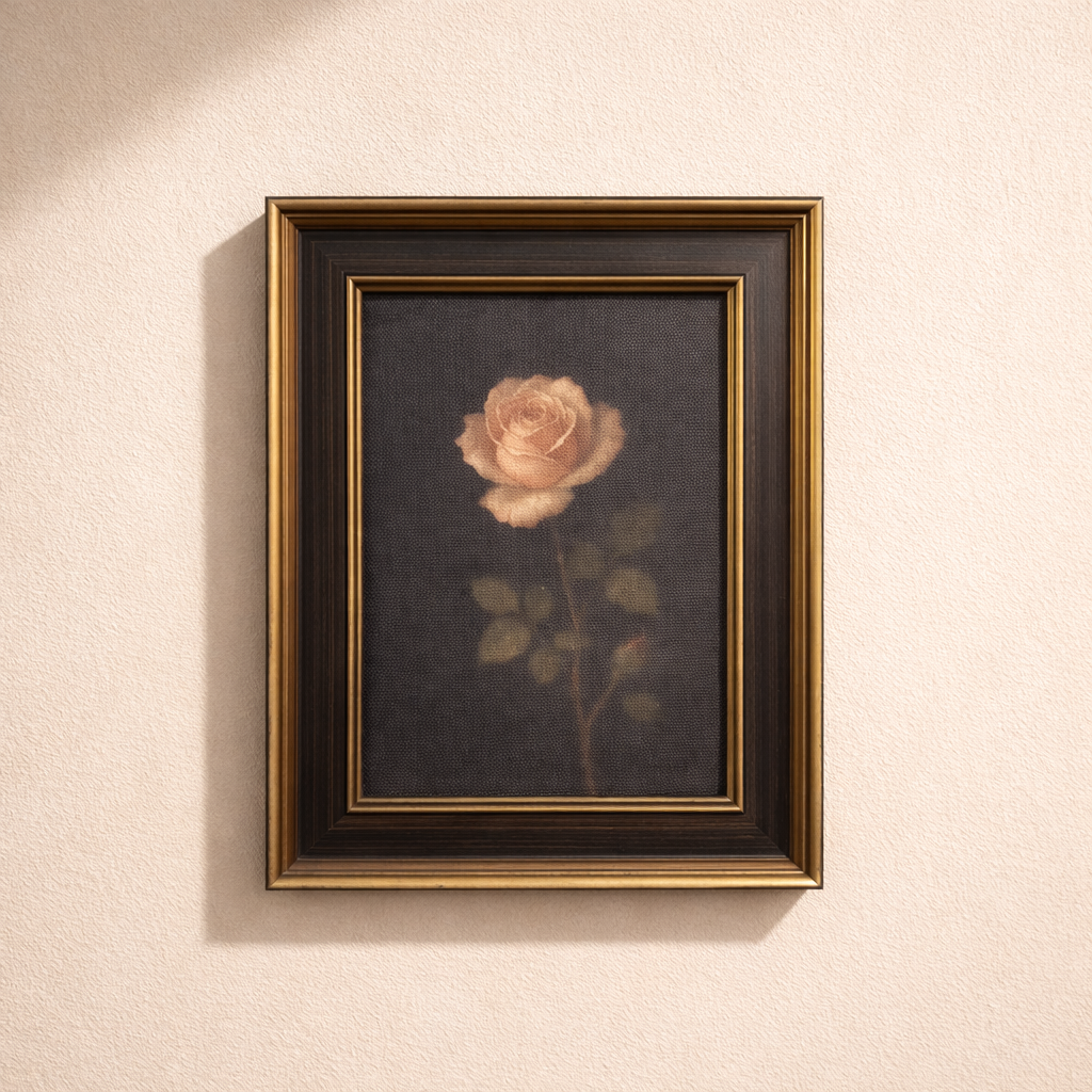 Black framed art featuring a moody rose design with antique-inspired brass trim, by Luxe B Co.