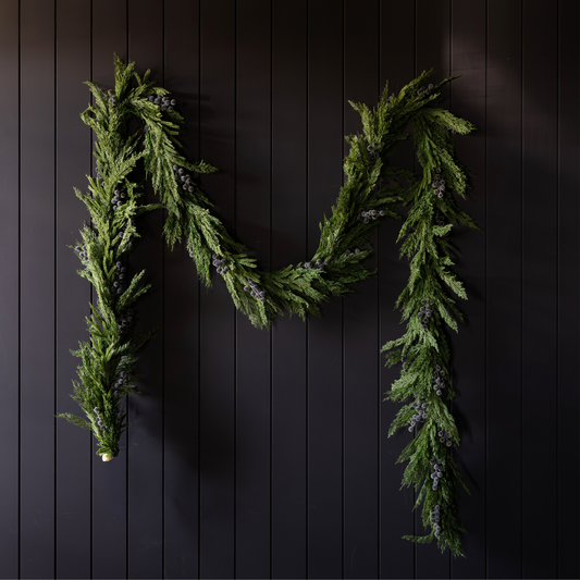 Navy plum frosted berry Norfolk cypress real touch Christmas garland, 15 ft, by Luxe B Co, with realistic berries and greenery.