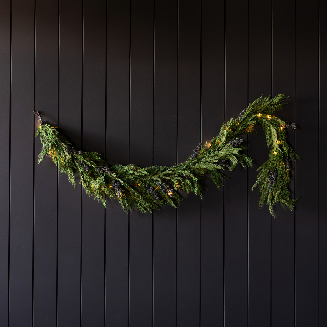 Navy plum frosted berry Norfolk cypress real touch Christmas garland, 6 ft, by Luxe B Co, with realistic foliage and frosted berry accents.