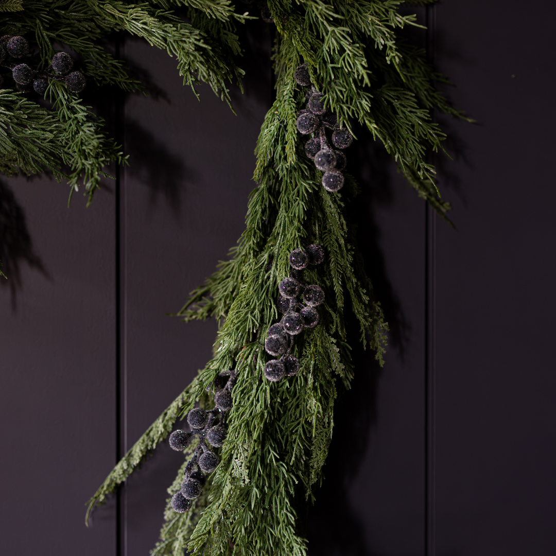 Navy plum frosted berry Norfolk cypress real touch Christmas garland, 6 feet long, with realistic foliage and frosted berry accents.