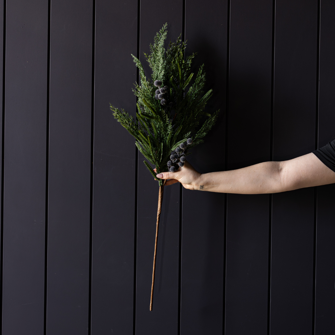 Navy plum frosted berry Norfolk cypress real touch stems from Luxe B Co, featuring realistic textured leaves and frosted berry accents.