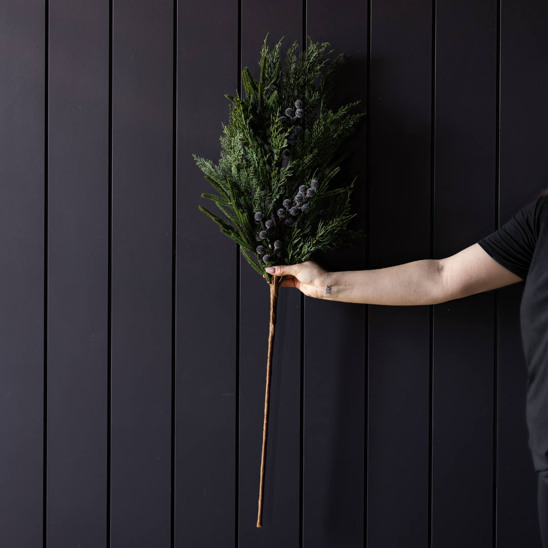 Navy plum frosted berry and Norfolk cypress real touch stems by Luxe B Co, showcasing realistic textured foliage and berries.
