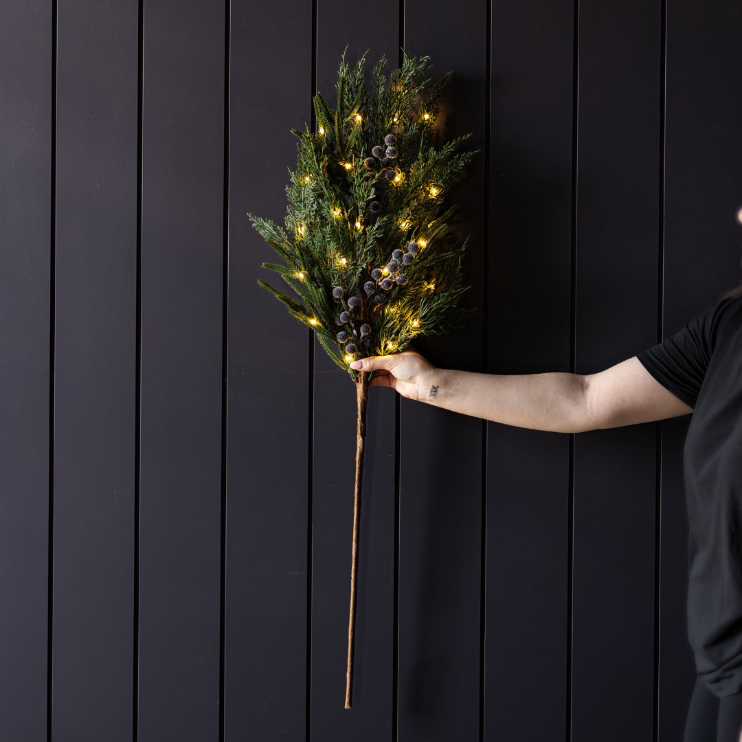 Navy plum frosted berry Norfolk cypress real touch stems by Luxe B Co, showcasing realistic textured greenery and frosted berry accents.