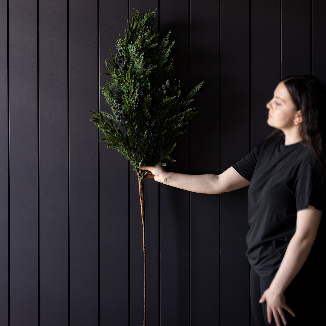 Navy plum frosted berry Norfolk cypress real touch stems by Luxe B Co, showcasing realistic textured greenery and frosted finish.
