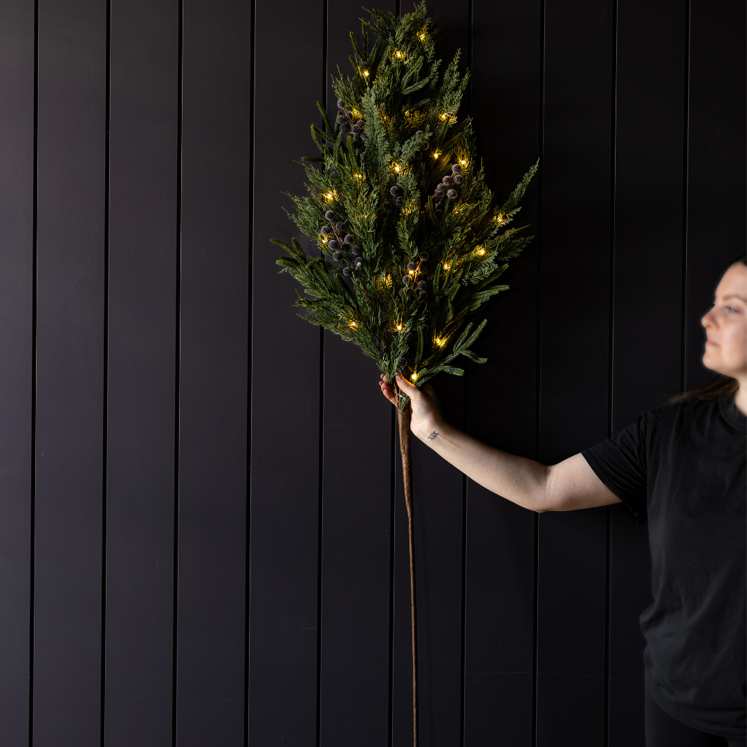 Navy plum frosted berry Norfolk cypress real touch stems by Luxe B Co, showcasing realistic textured greenery.