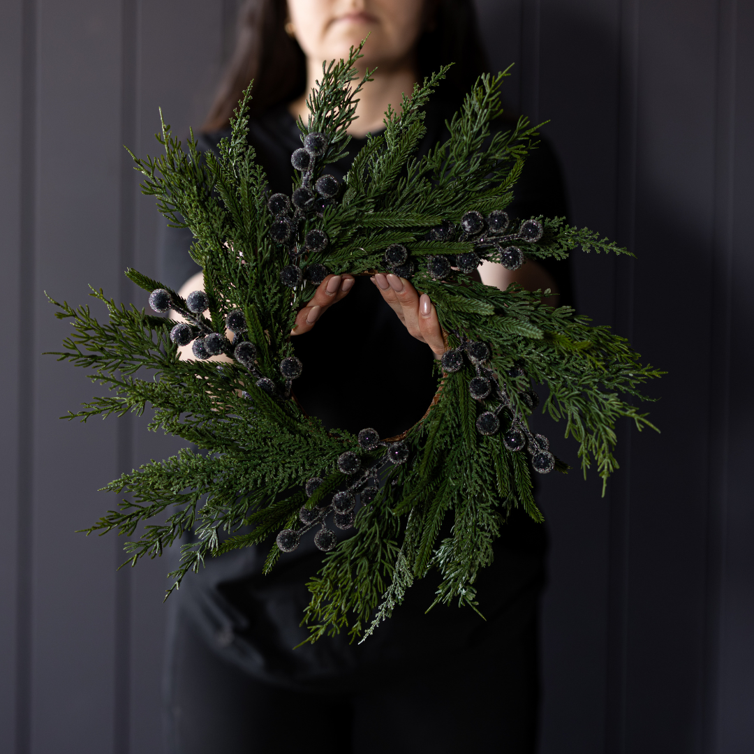 Navy plum frosted berry Norfolk cypress real touch wreath, 14-inch Luxe B Co decorative floral wreath with berries and greenery.