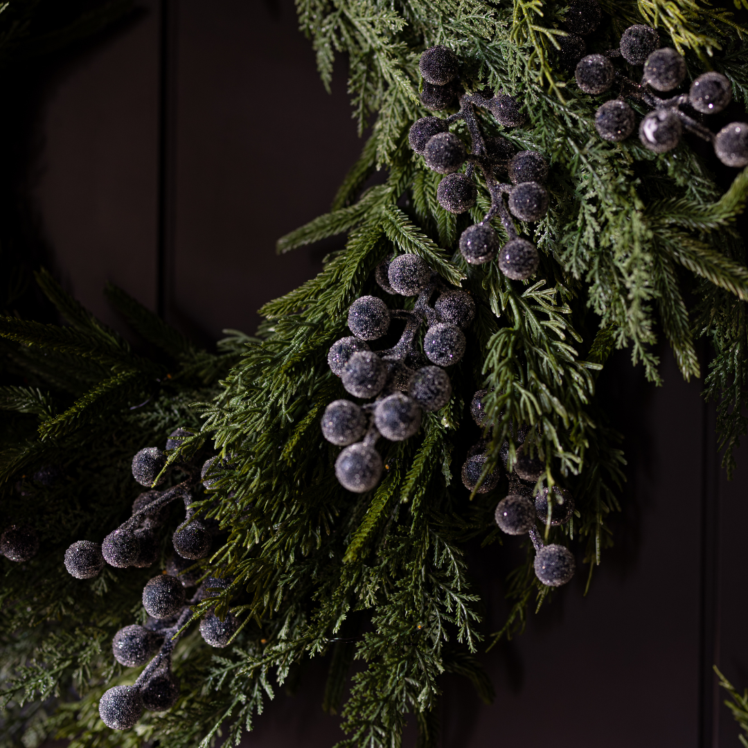 Navy plum and frosted berry Norfolk cypress real touch wreath, 14-inch Luxe B Co decorative wreath with realistic foliage.
