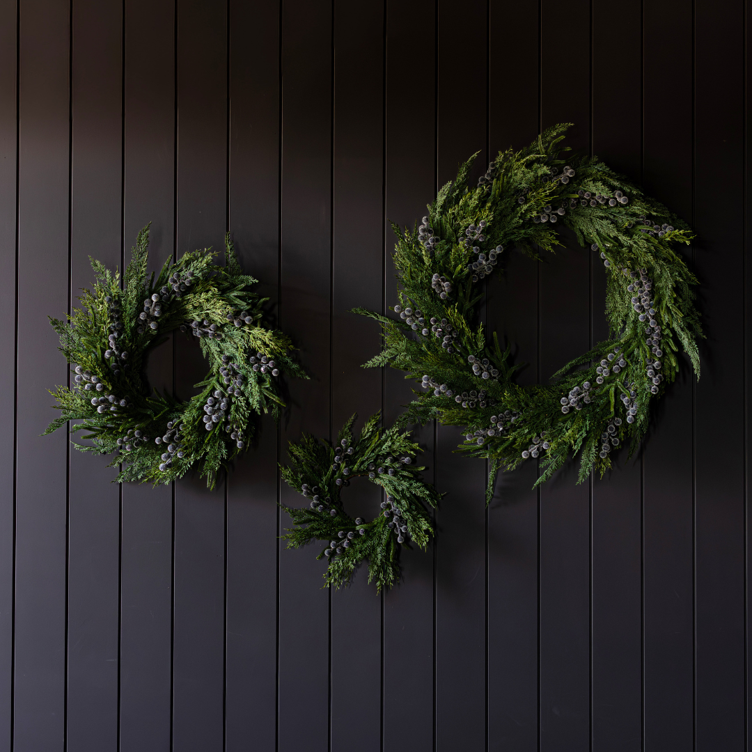 Navy plum frosted berry Norfolk cypress real touch wreath, 14-inch Luxe B Co decorative floral arrangement for home decor