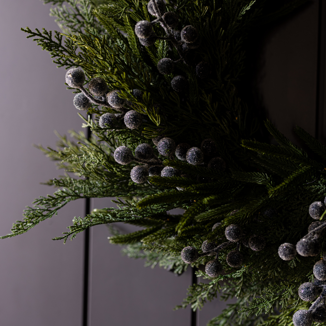 Navy plum frosted berry and Norfolk cypress real touch wreath, 24-inch Luxe B Co decorative holiday or home accent wreath.