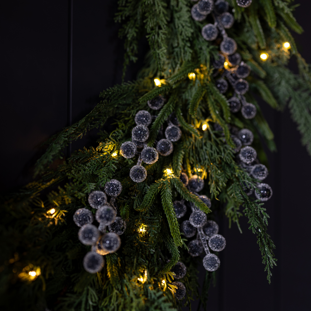 Navy plum frosted berry and Norfolk cypress real touch wreath, 34-inch Luxe B Co decorative wreath with textured berries and foliage.