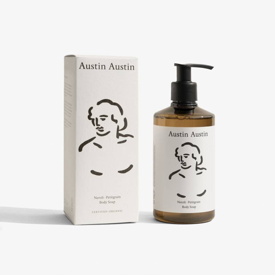 Austin Austin Neroli and Petitgrain body wash soap, natural ingredients, creamy lather with fresh floral citrus scent.
