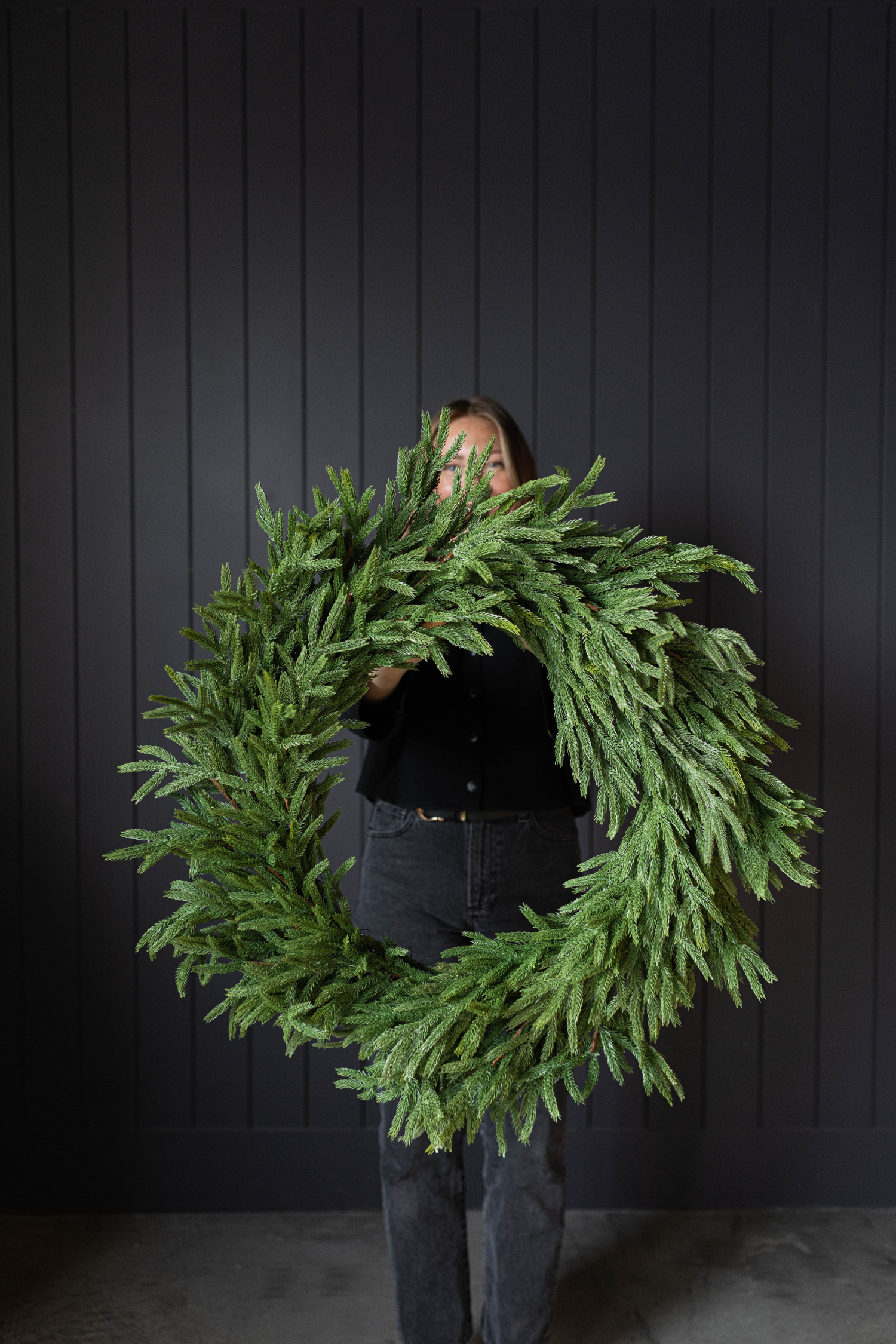 Real touch Norfolk wreath by Luxe B Co, 34-inch full greenery wreath with lush leaves and realistic floral accents.