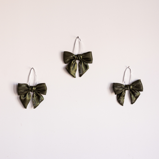 Set of three olive green gauze bows by Luxe B Co, soft fabric hair accessories with delicate bow design.