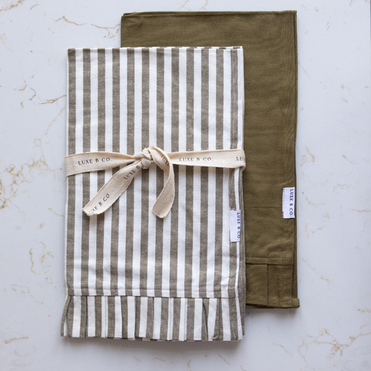 Olive Green & White Stripes Ruffle Kitchen Dish Towel | By Luxe B Co.