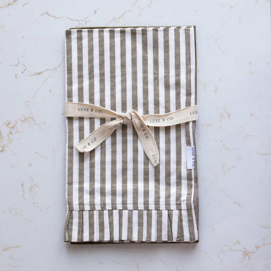 Olive Green & White Stripes Ruffle Kitchen Dish Towel | By Luxe B Co.