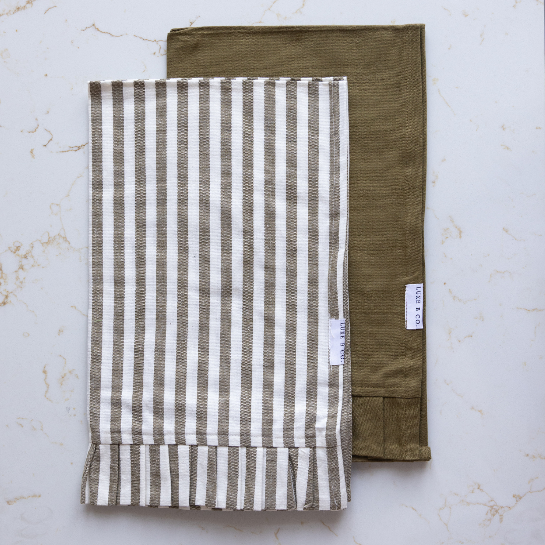 Olive Green & White Stripes Ruffle Kitchen Dish Towel | By Luxe B Co.