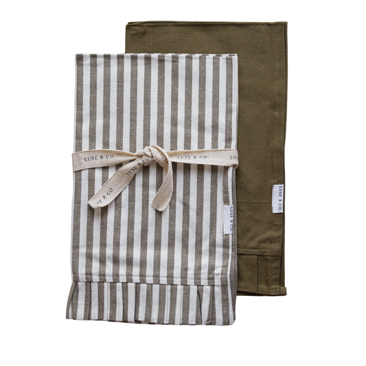 Olive Green & White Stripes Ruffle Kitchen Dish Towel | By Luxe B Co.