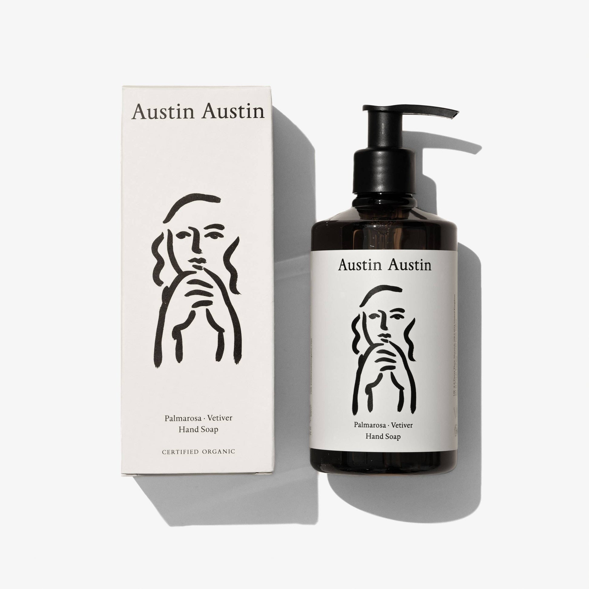 Austin Austin Palmarosa and Vetiver hand soap bottle with natural floral and earthy scent, designed for gentle hand cleansing.