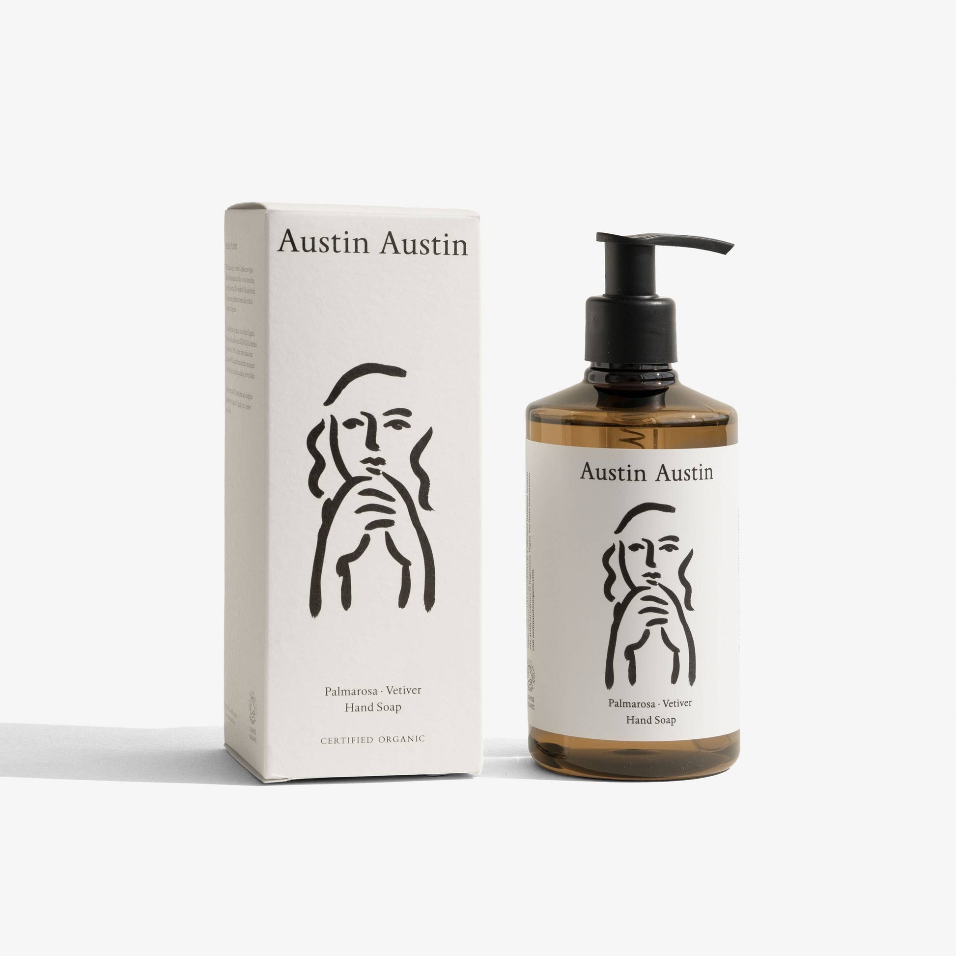 Austin Austin Palmarosa and Vetiver hand soap with a clear pump dispenser and elegant label, showcasing natural botanical ingredients.