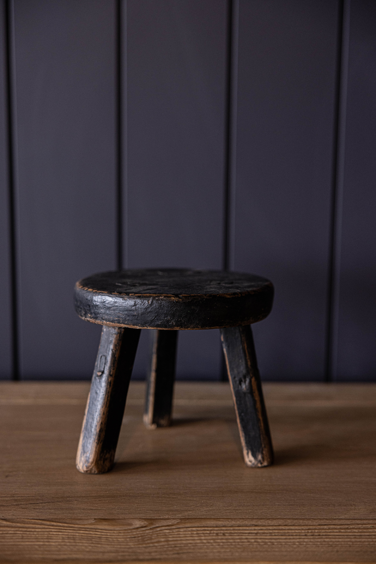 Petite Black Vintage Reclaimed Elm Wood Round Stool | One Of A Kind