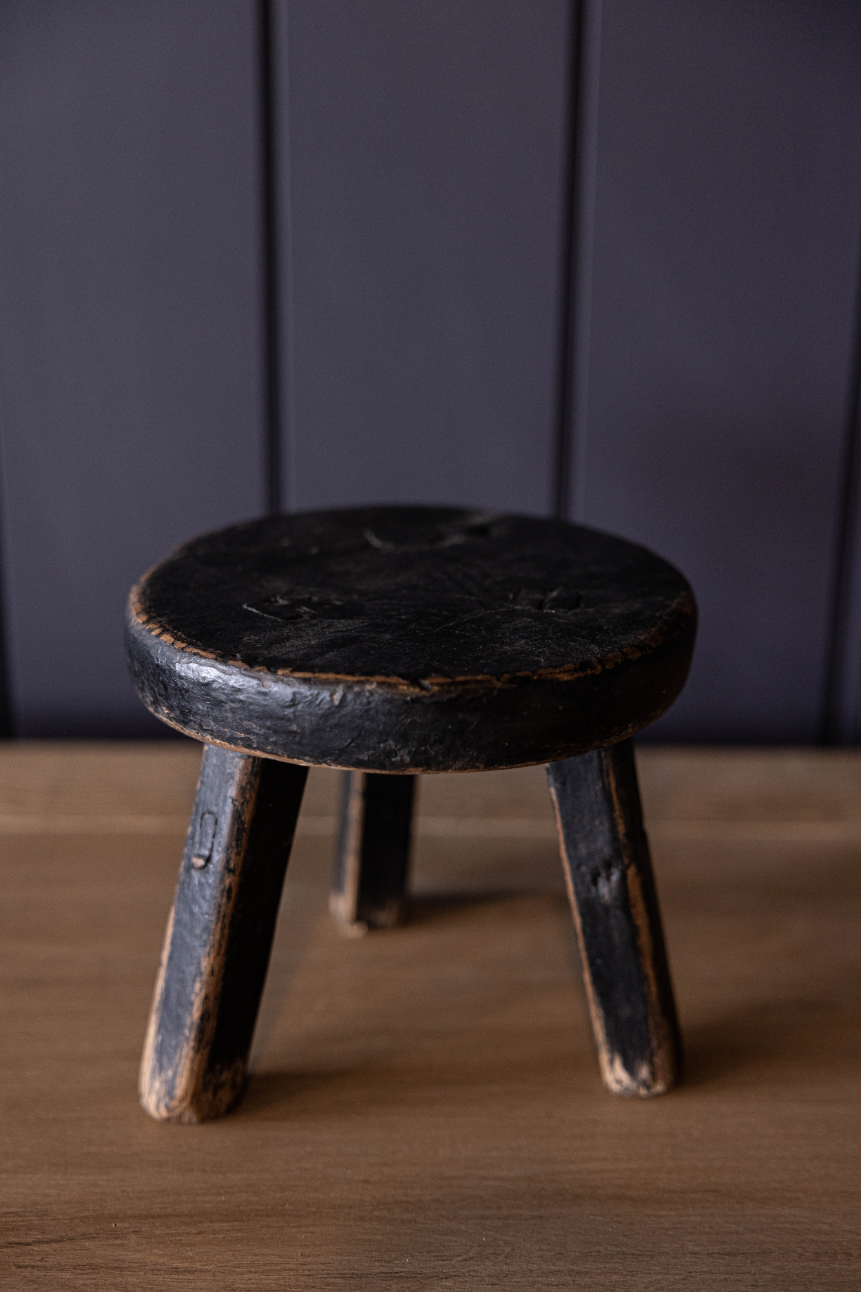 Petite Black Vintage Reclaimed Elm Wood Round Stool | One Of A Kind