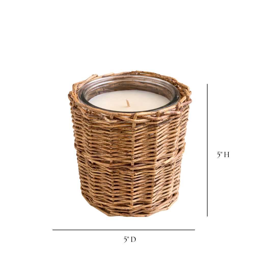 Luxe B Co Porch View Home woven candle with intricate design in a cozy setting, ideal for home decor and ambient lighting.
