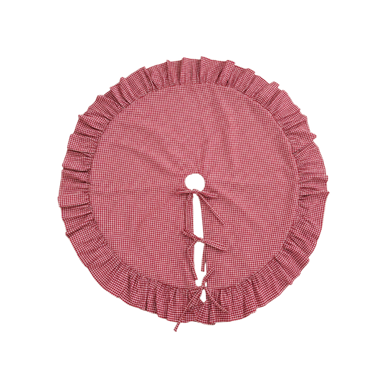 Red gingham tree skirt with ruffle trim by Luxe B Co. featuring a festive, classic design for holiday decorations.