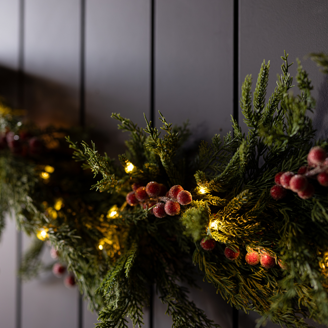 6-foot Red Plum Frosted Berry Norfolk Cypress Christmas Garland by Luxe B Co with realistic touch foliage and frosted berry accents.