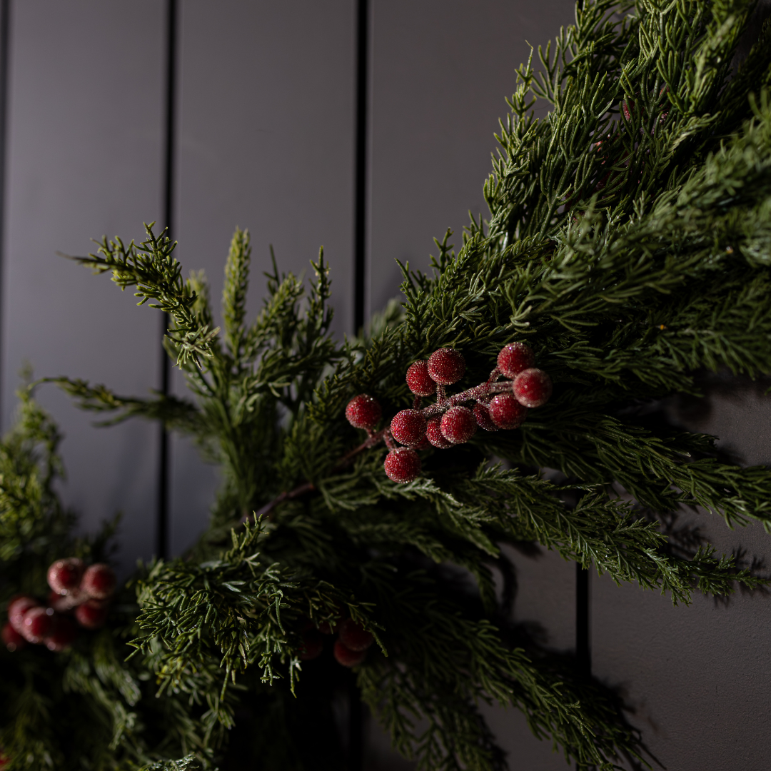 Red plum and frosted berry Norfolk Cypress Christmas garland by Luxe B Co, 6 ft, with realistic touch foliage and festive design.