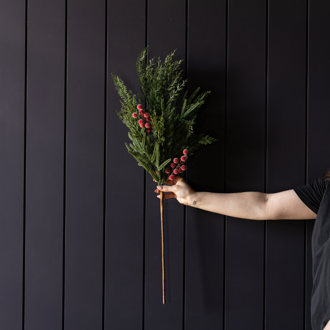 Red plum, frosted berry, and Norfolk cypress real touch stems by Luxe B Co, showcasing vibrant, realistic faux foliage.