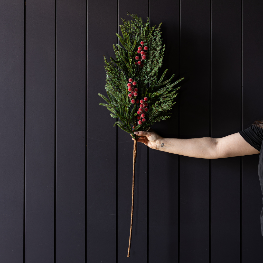 Red plum frosted berry Norfolk cypress real touch stems from Luxe B Co, showcasing vibrant red berries and textured green foliage.