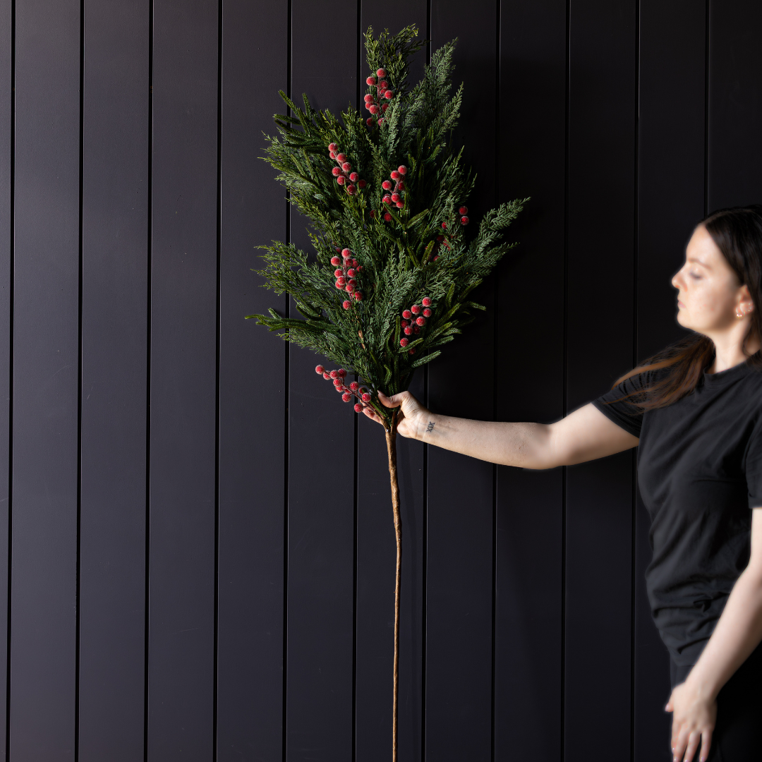 Red plum and frosted berry Norfolk cypress stems with real touch leaves, crafted by Luxe B Co. for realistic floral arrangements.