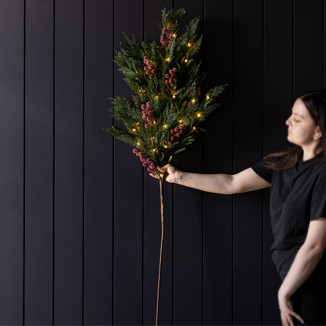 Red plum and frosted berry Norfolk cypress real touch stems, lush and realistic, by Luxe B Co for elegant floral arrangements.