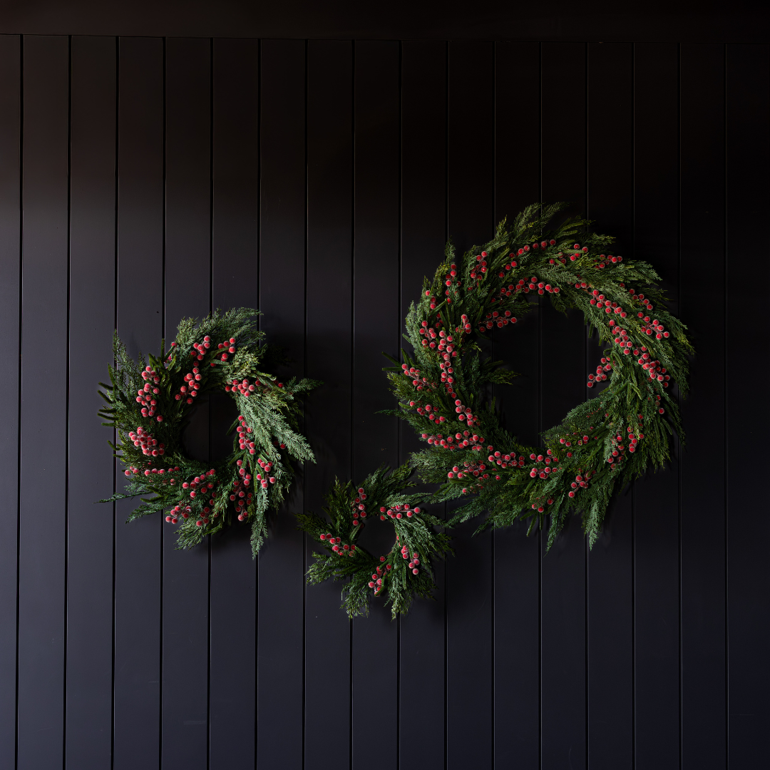 Red plum frosted berry Norfolk cypress real touch wreath, 14-inch decorative wreath by Luxe B Co.