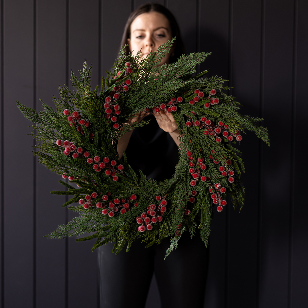 Red plum frosted berry Norfolk Cypress real touch wreath, 24 inches, featuring vibrant berries and lush greenery by Luxe B Co.