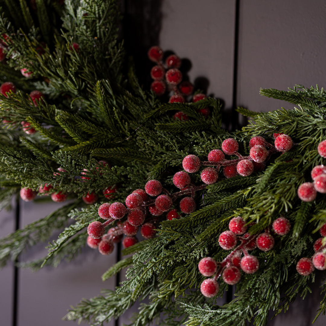 Red plum and frosted berry Norfolk Cypress real touch wreath, 24-inch decorative wreath by Luxe B Co.