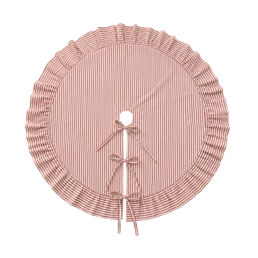 Red stripe ruffle tree skirt by Luxe B Co., featuring ruffled edges and festive red and white striped pattern for holiday decor.