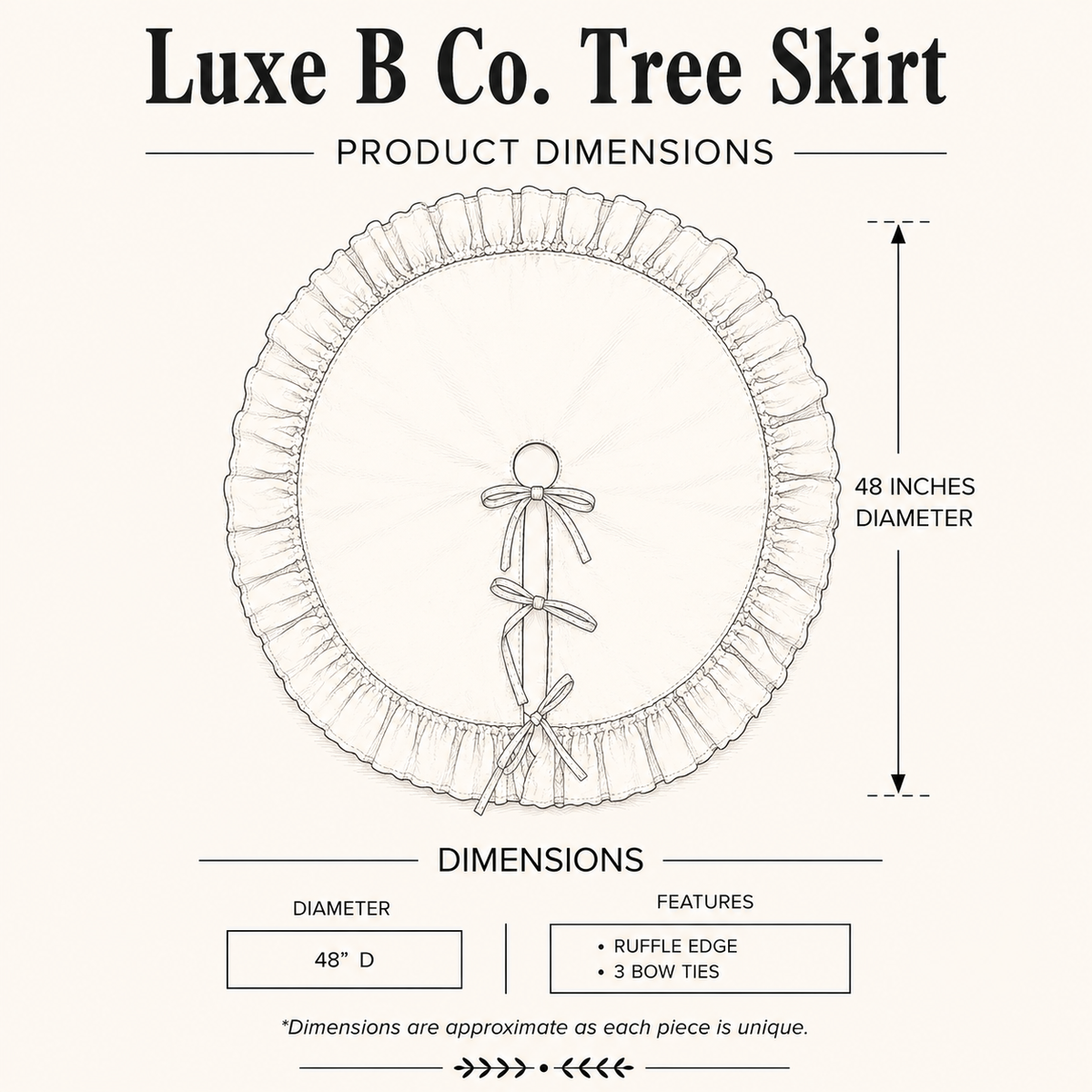 Brown stripe ruffle tree skirt from Luxe B Co. with a festive red and white striped design and ruffle trim for holiday decor.