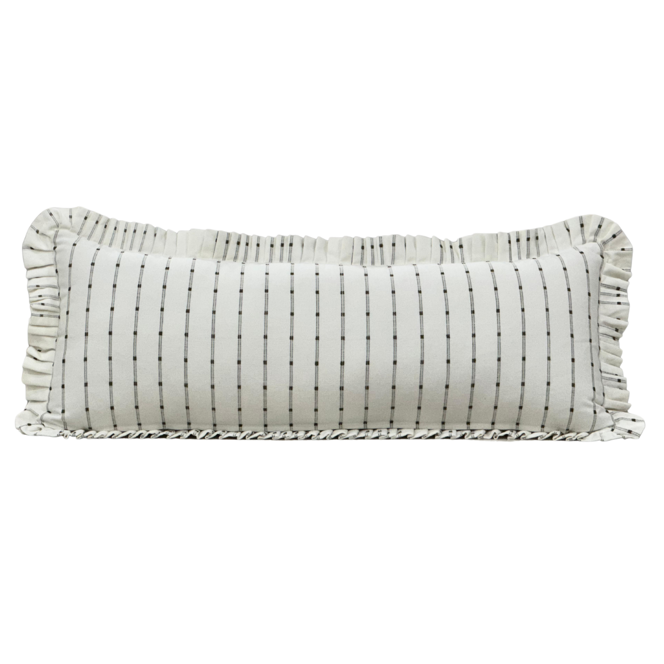 Ruffle Bolster Pillow Cover White Olive Green Stripes | By Luxe B Co. 