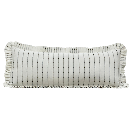 Ruffle Bolster Pillow Cover White Olive Green Stripes | By Luxe B Co. 