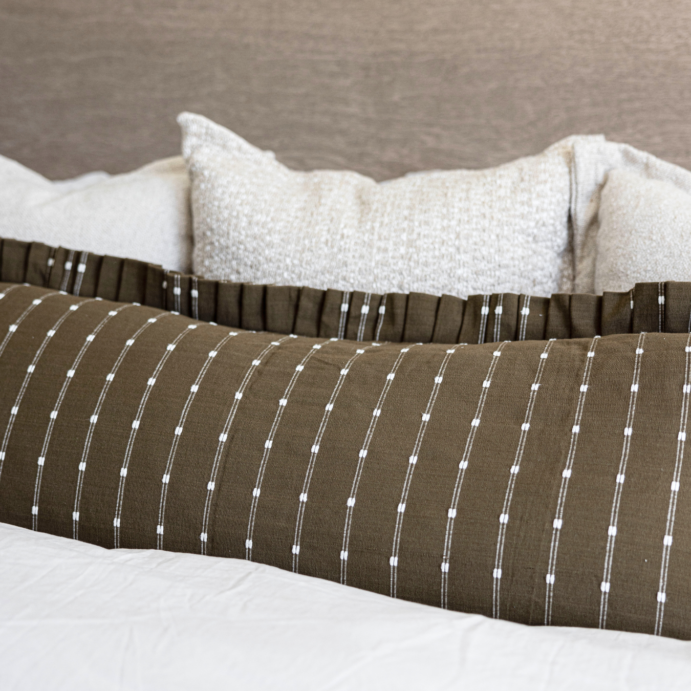 Ruffle Bolster Pillow Cover Dark Olive Green White Stripes | By Luxe B Co.