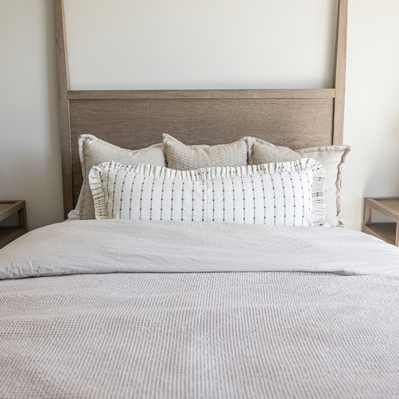 Ruffle Bolster Pillow Cover White Olive Green Stripes | By Luxe B Co. 