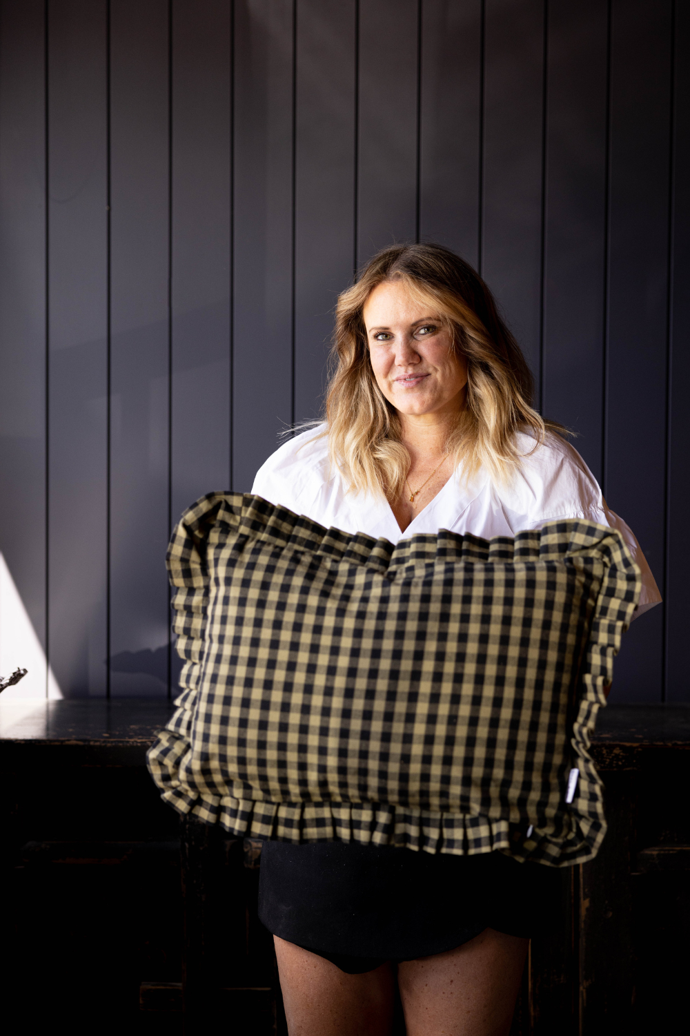 Ruffle Lumbar Pillow Shame Olive Green Gingham | By Luxe B Co.