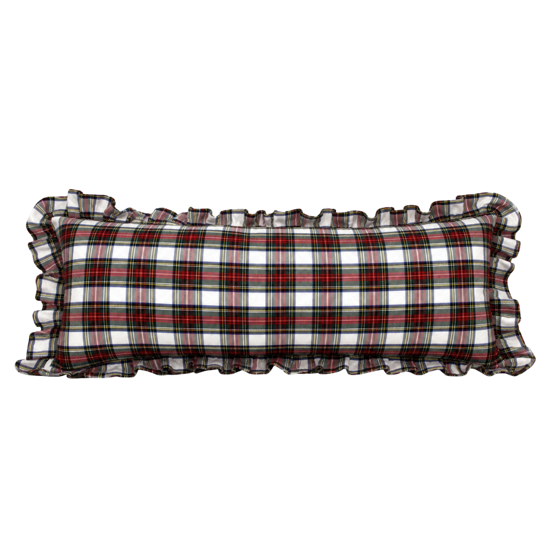 Ruffle bolster pillow cover with holiday plaid pattern by Luxe B Co, featuring ruffled edges for festive decor.