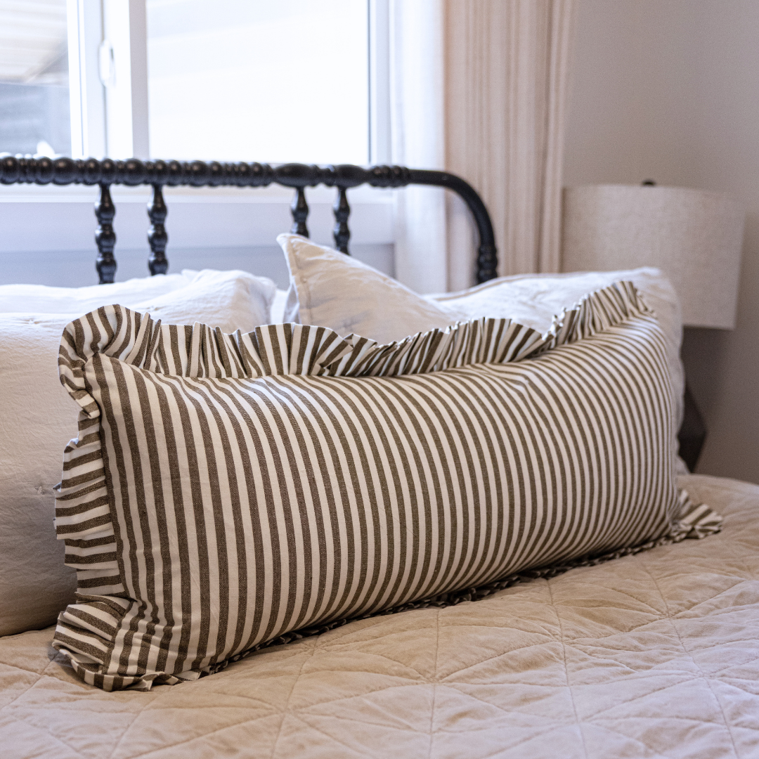 Ruffle Bolster Cover Olive Stripes By Luxe B Co.
