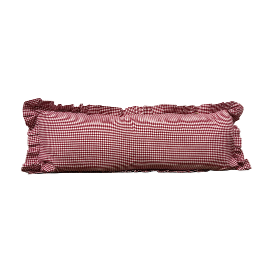 Red gingham ruffle bolster pillow cover by Luxe B Co featuring a charming, decorative ruffle design.