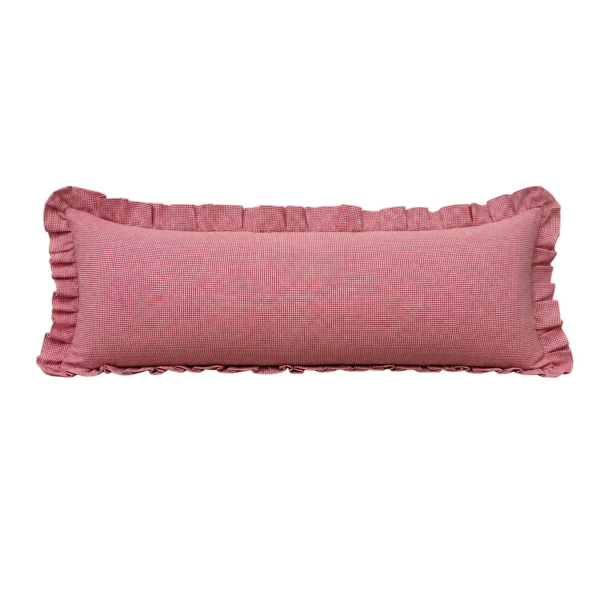 Red mini gingham ruffle bolster pillow cover by Luxe B Co, featuring a charming ruffled design for decorative use.
