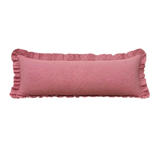 Red mini gingham ruffle bolster pillow cover by Luxe B Co, featuring a charming ruffled design for decorative use.