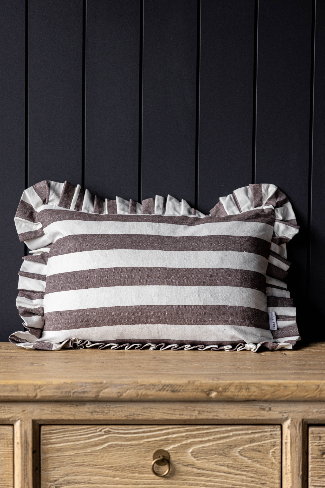 Ruffle Lumbar Pillow Cover Brown Bold Stripe - Luxe B Co