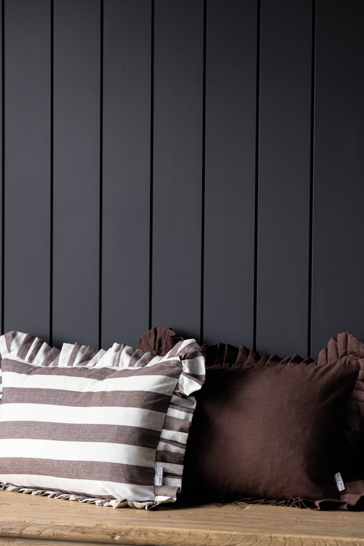 Ruffle Lumbar Pillow Cover Brown Bold Stripe - Luxe B Co